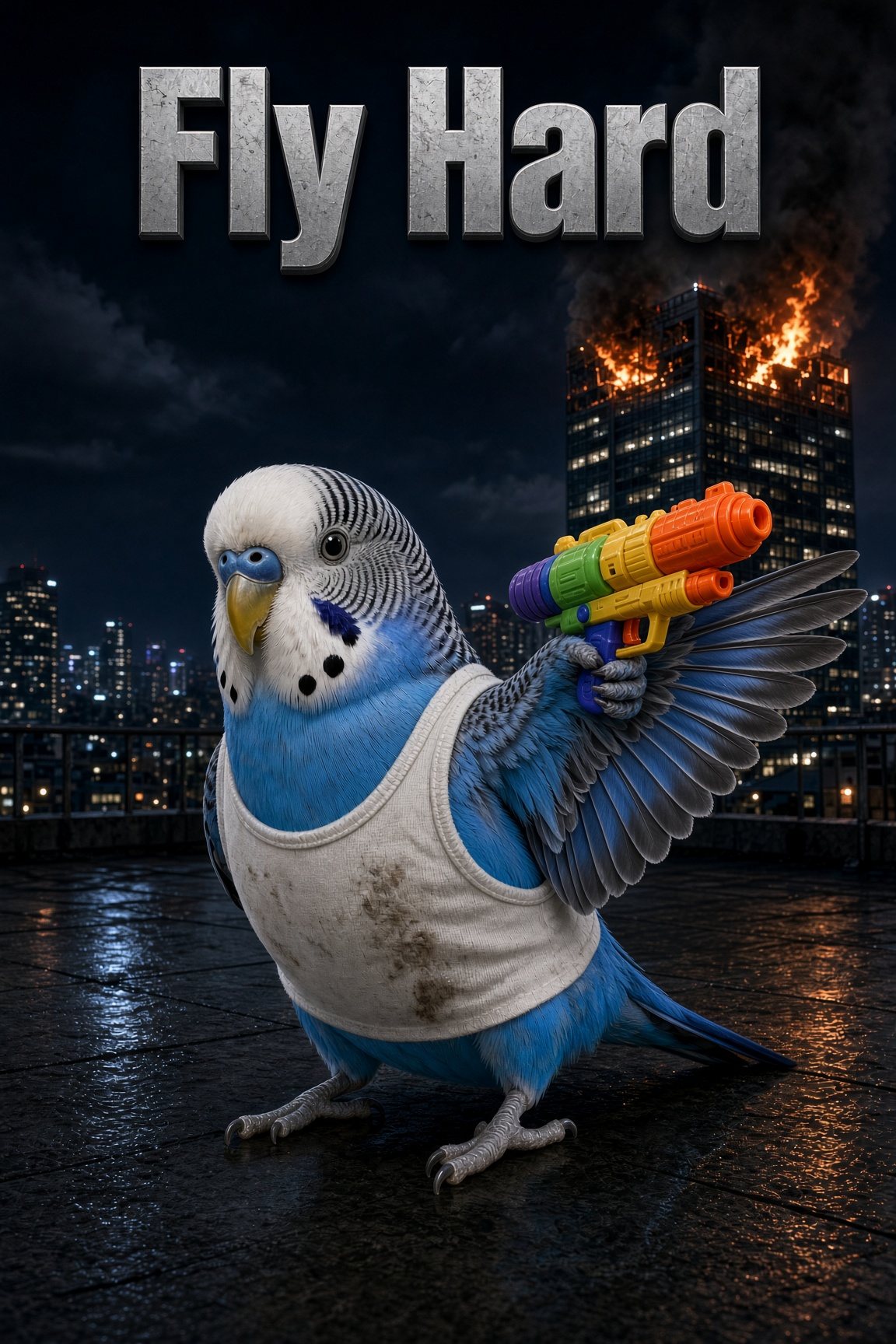Blue the budgie as Fly Hard