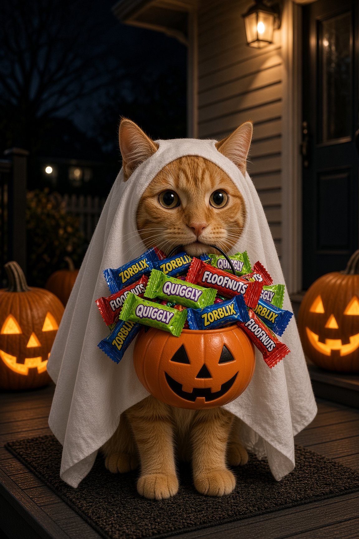 Pumpkin the tabby trick-or-treating