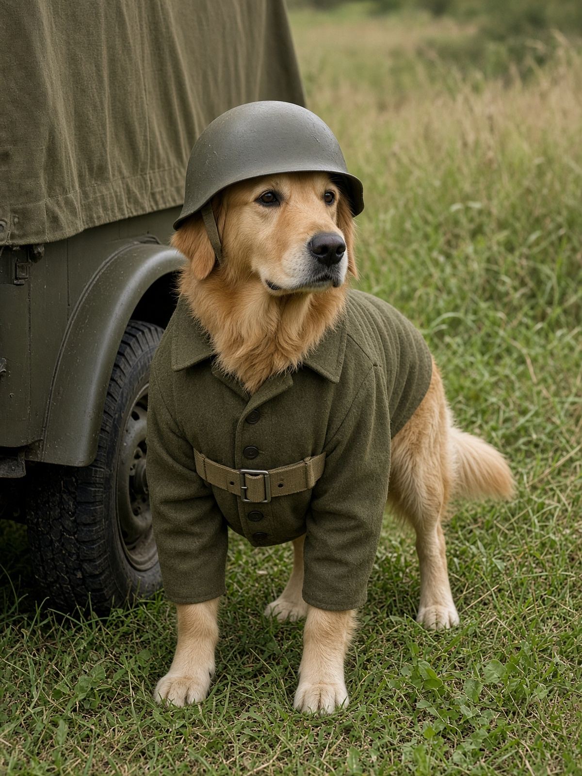 Val the golden retriever as Allied soldier
